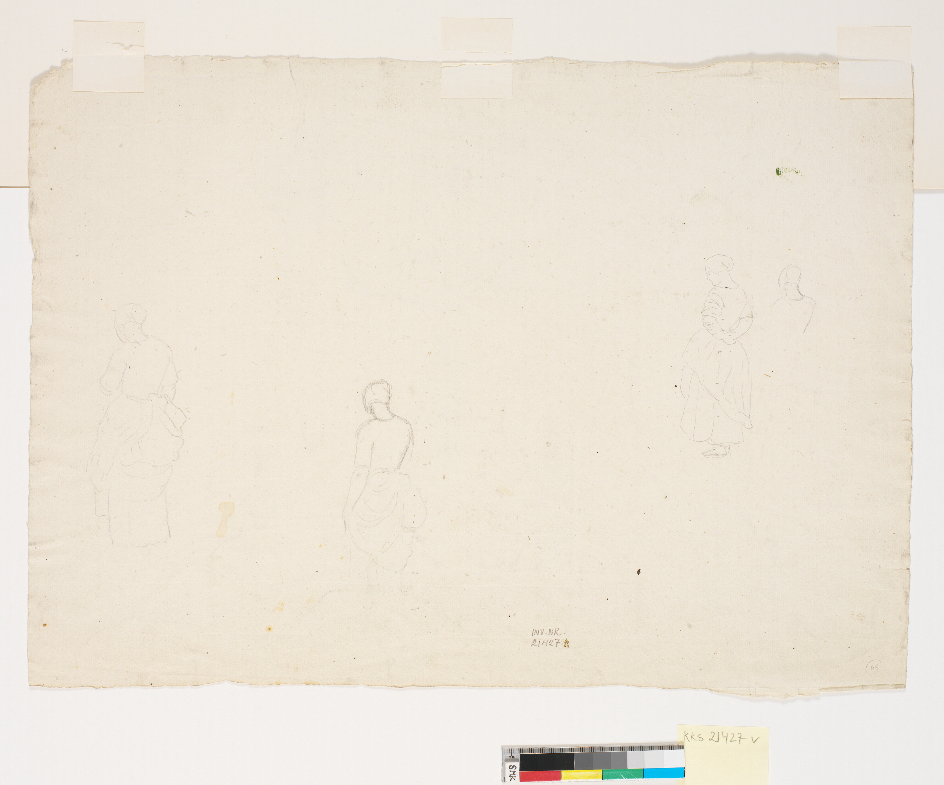 Fire studier til den stående pige på maleriet: "Vaskekoner ved Bondedammen i Hellebæk"